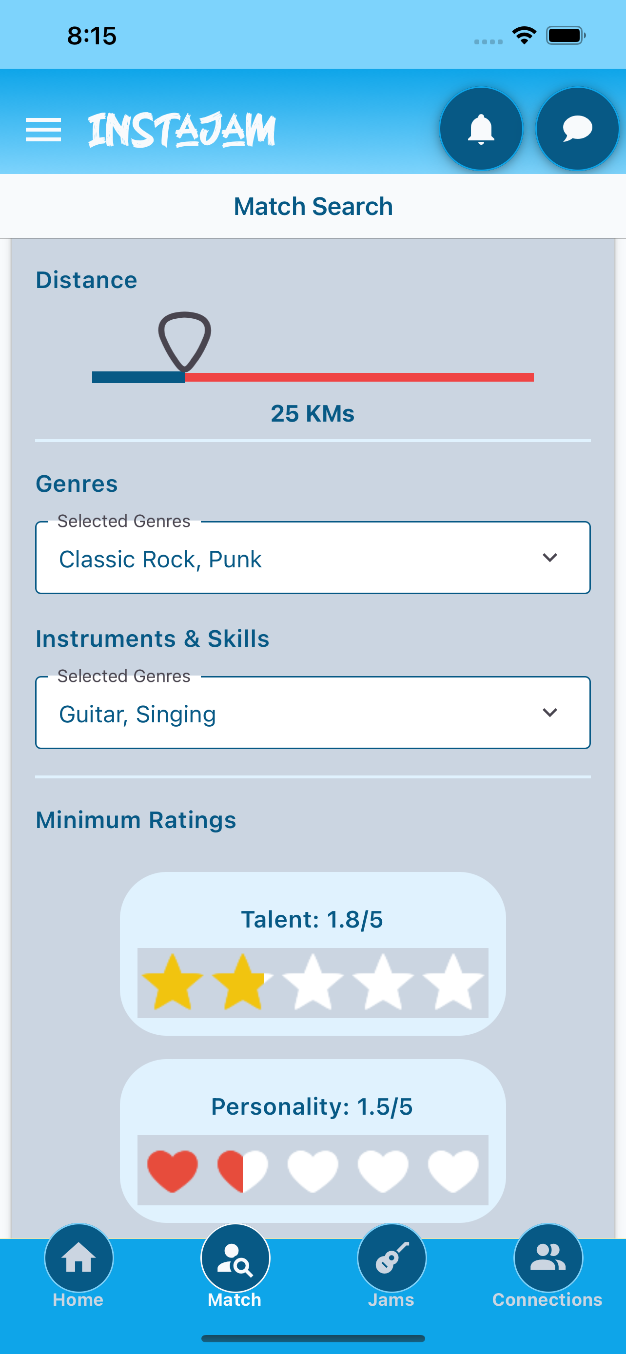 Match filters form screen screenshot