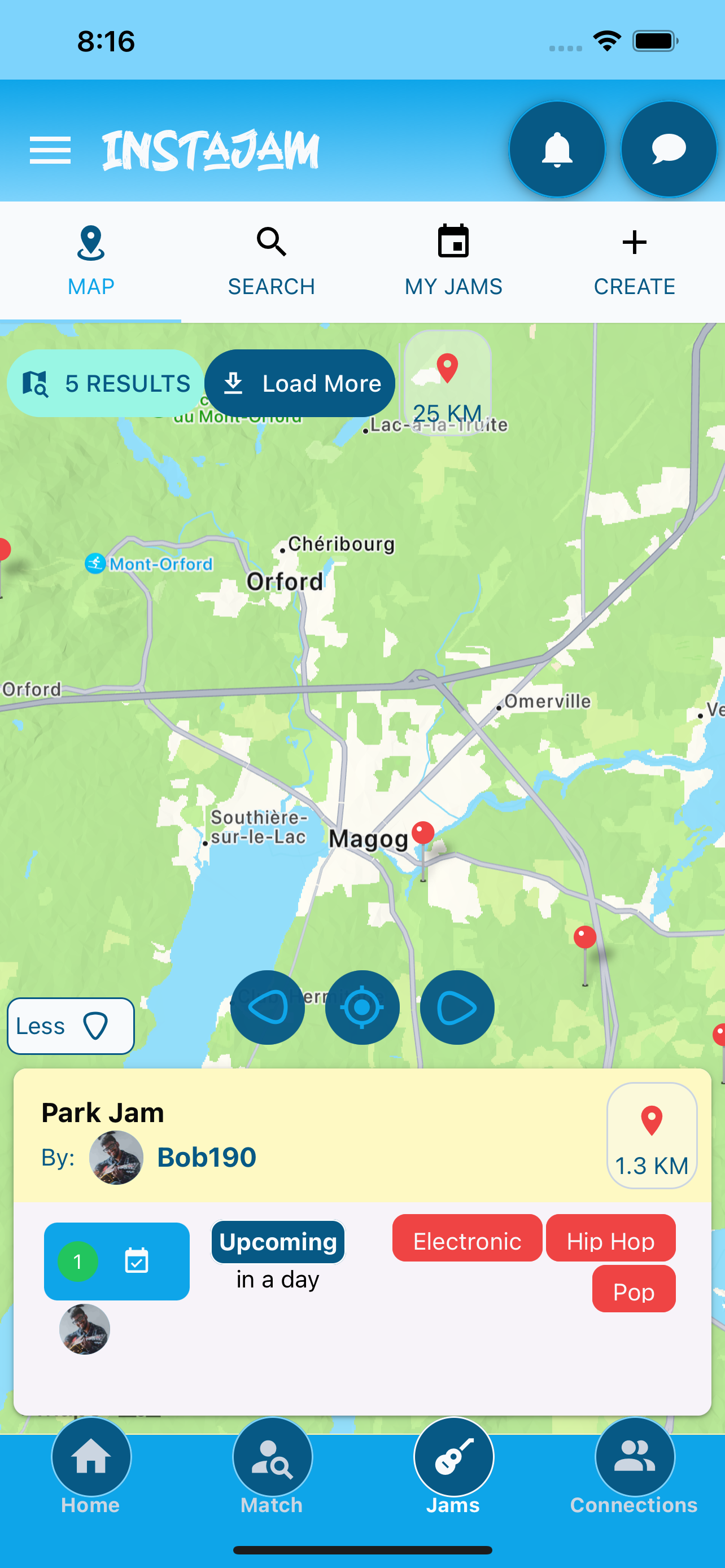 Screenshot of jam map with local jams