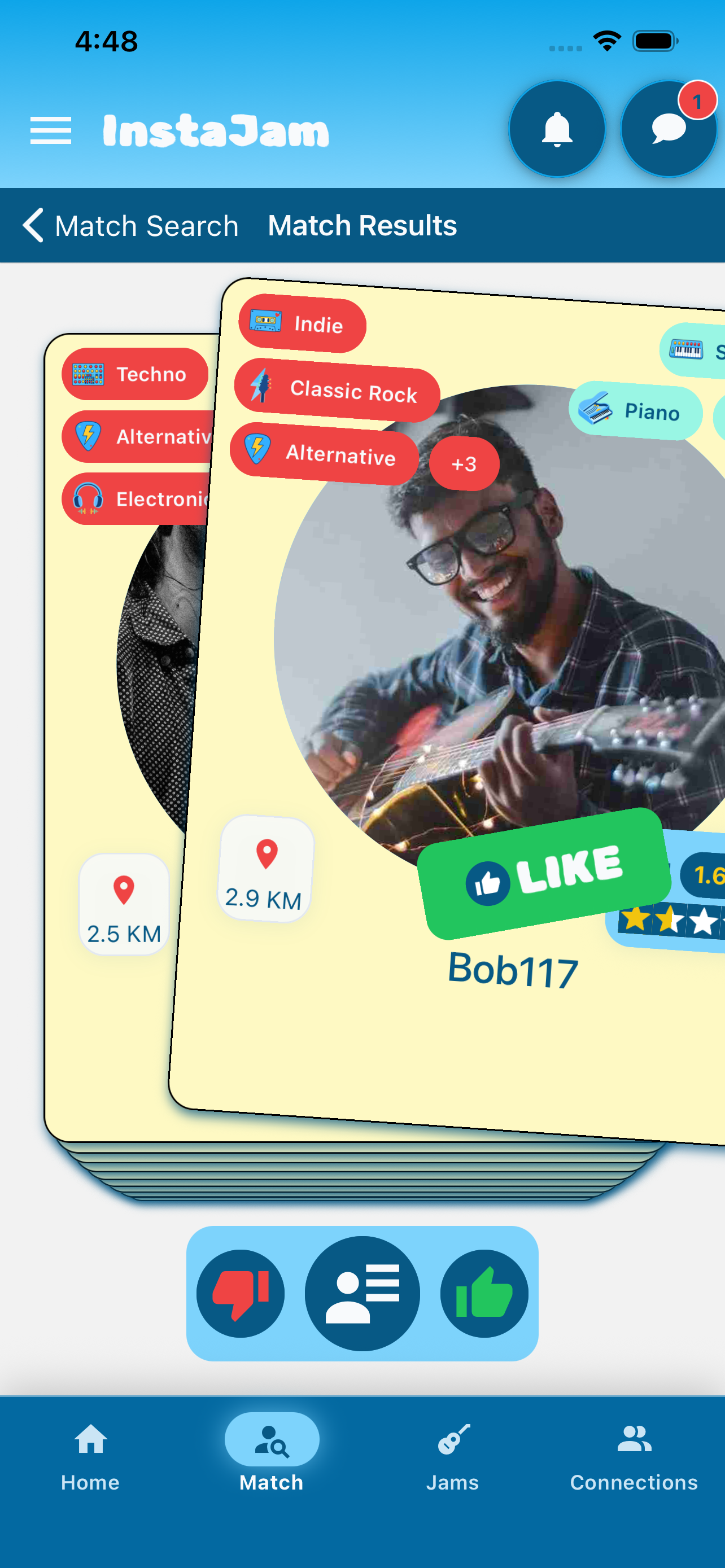 InstaJam musician matching feed with swipe controls and genre tags