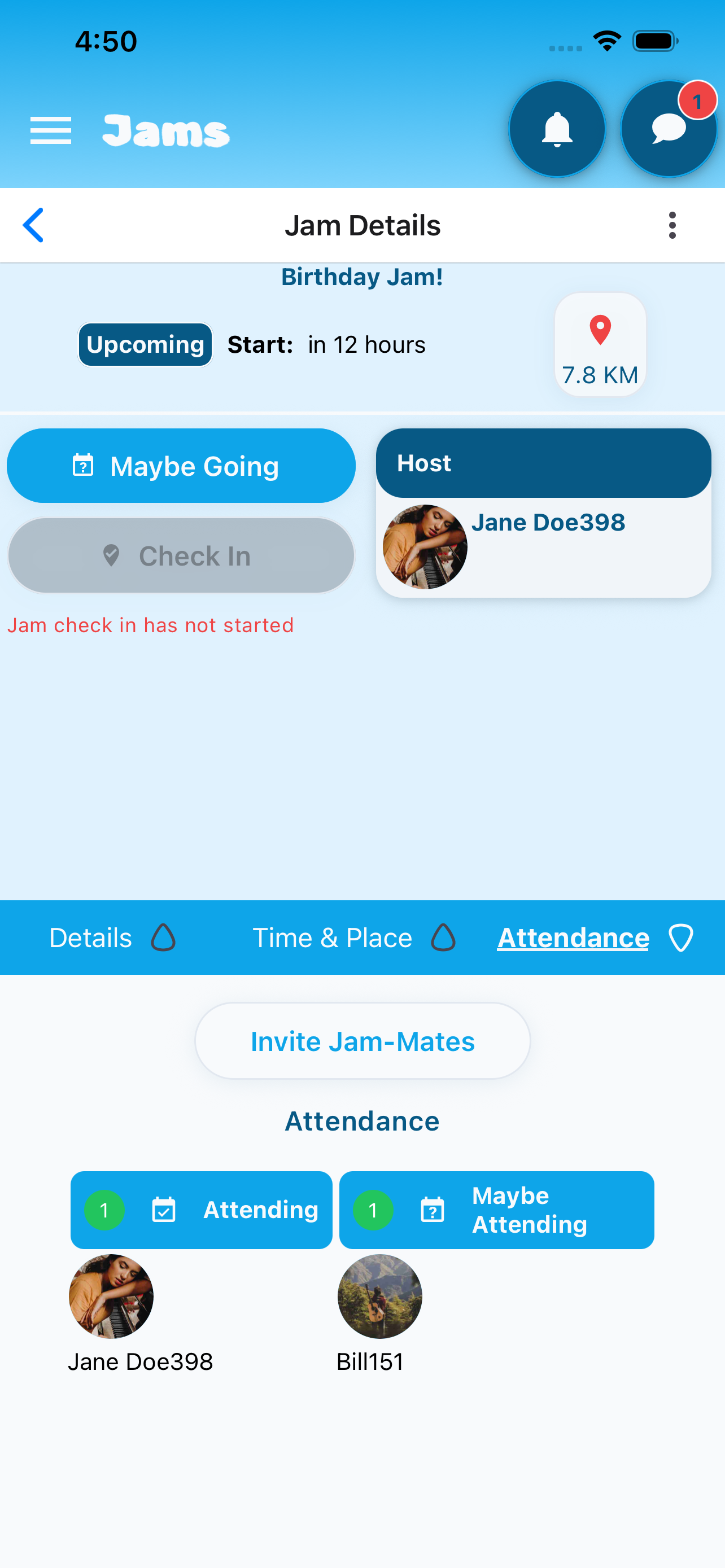 InstaJam jam details screen with RSVP attendance and invitations