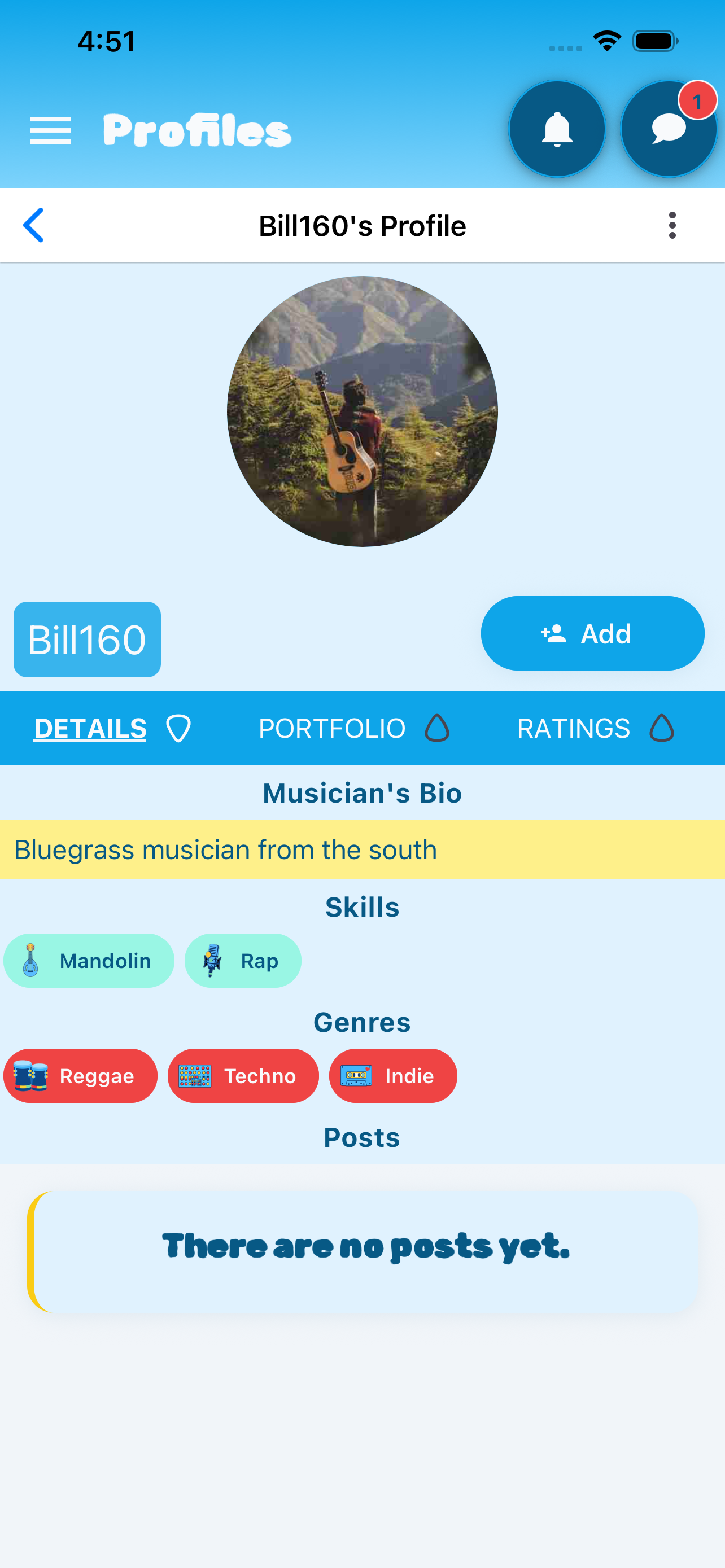 InstaJam musician profile showcasing bio, skills, and musical genres